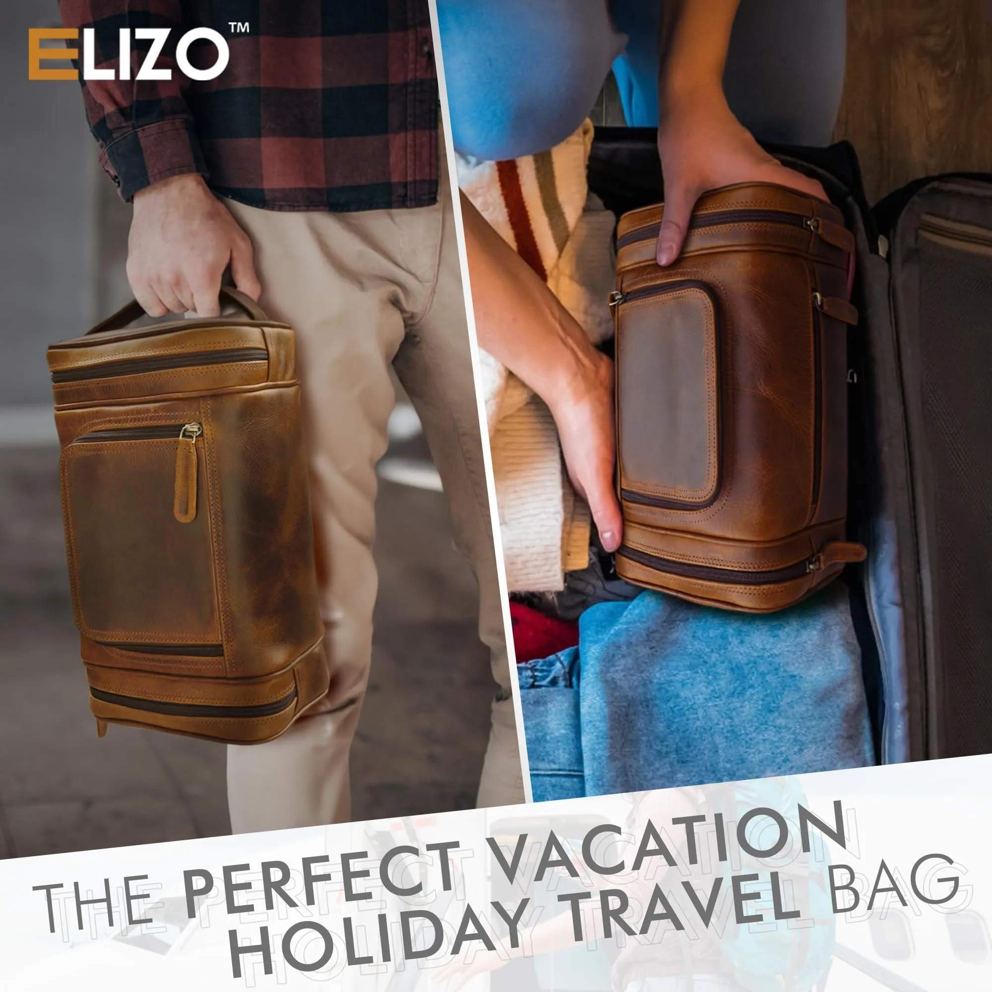 ELIZO Leather Toiletry Bag - Dopp Kit for Men & Women | Large Travel Bag | Waterproof Lining | Hanging Bathroom Organizer | Multiple Pockets, Sturdy Handle | Shaving & Grooming Kit