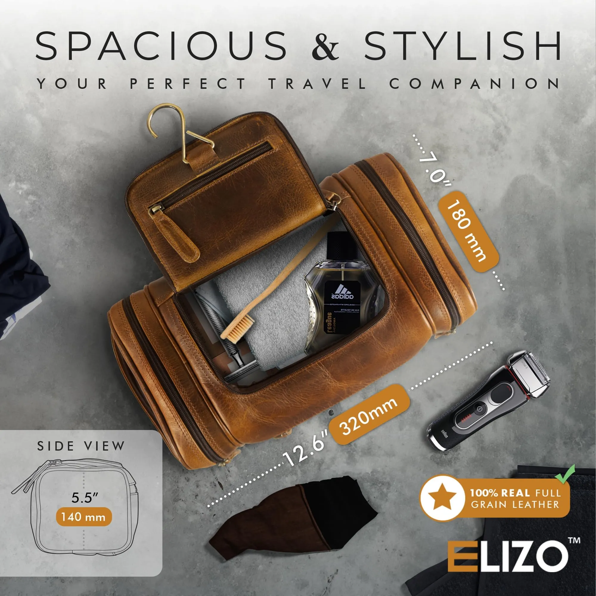 ELIZO Leather Toiletry Bag - Dopp Kit for Men & Women | Large Travel Bag | Waterproof Lining | Hanging Bathroom Organizer | Multiple Pockets, Sturdy Handle | Shaving & Grooming Kit