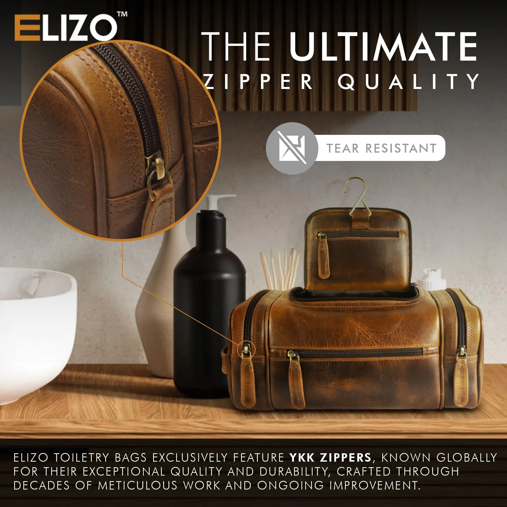 ELIZO Leather Toiletry Bag - Dopp Kit for Men & Women | Large Travel Bag | Waterproof Lining | Hanging Bathroom Organizer | Multiple Pockets, Sturdy Handle | Shaving & Grooming Kit