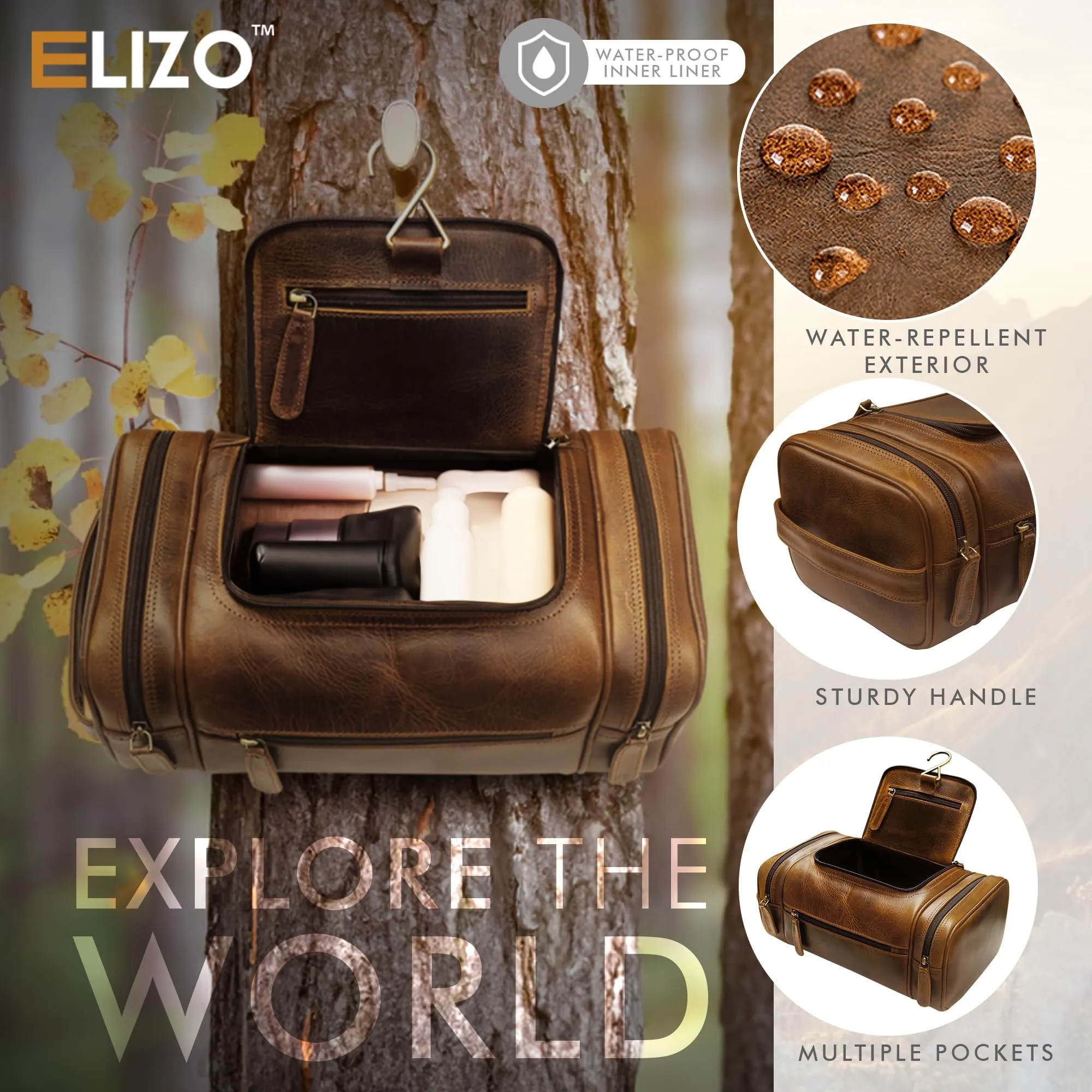 ELIZO Leather Toiletry Bag - Dopp Kit for Men & Women | Large Travel Bag | Waterproof Lining | Hanging Bathroom Organizer | Multiple Pockets, Sturdy Handle | Shaving & Grooming Kit