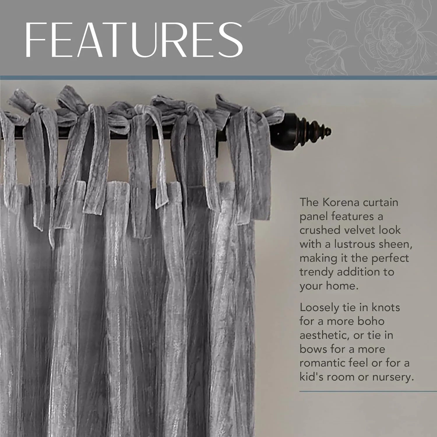 Elrene Home Fashions Korena Tie-Top Crushed Velvet Window Curtain Panel, Rustic-Chic Curtain Panel for Living Room or Bedroom, 52 Inches by 95 Inches, Grey, 1 Panel