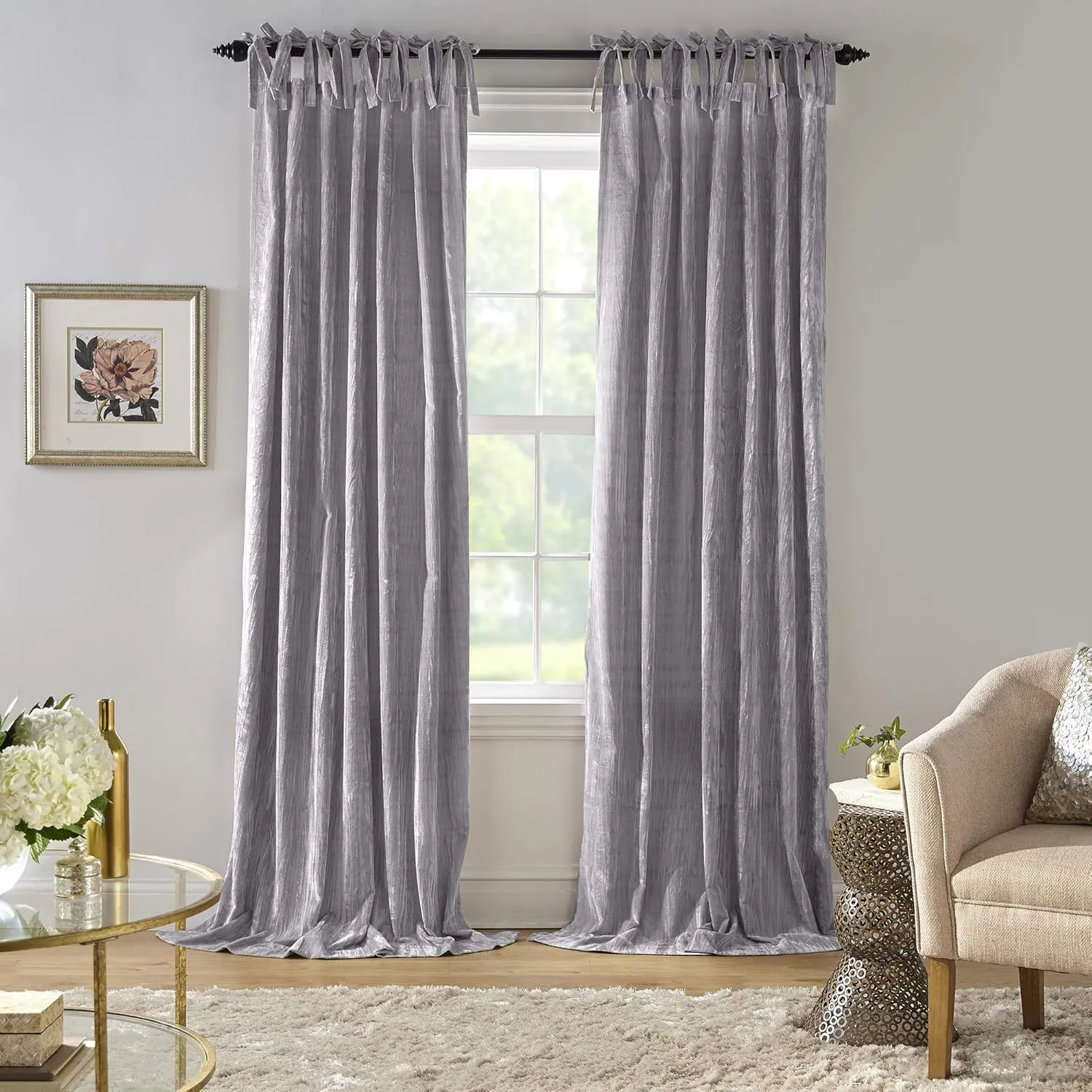 Elrene Home Fashions Korena Tie-Top Crushed Velvet Window Curtain Panel, Rustic-Chic Curtain Panel for Living Room or Bedroom, 52 Inches by 95 Inches, Grey, 1 Panel