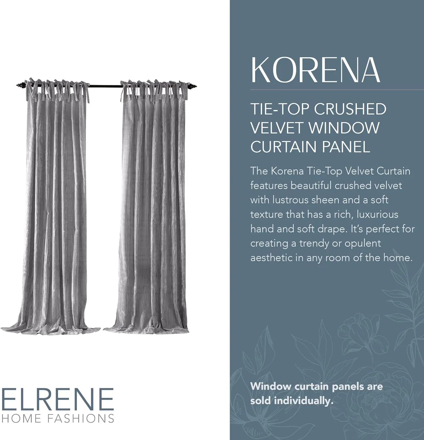 Elrene Home Fashions Korena Tie-Top Crushed Velvet Window Curtain Panel, Rustic-Chic Curtain Panel for Living Room or Bedroom, 52 Inches by 95 Inches, Grey, 1 Panel