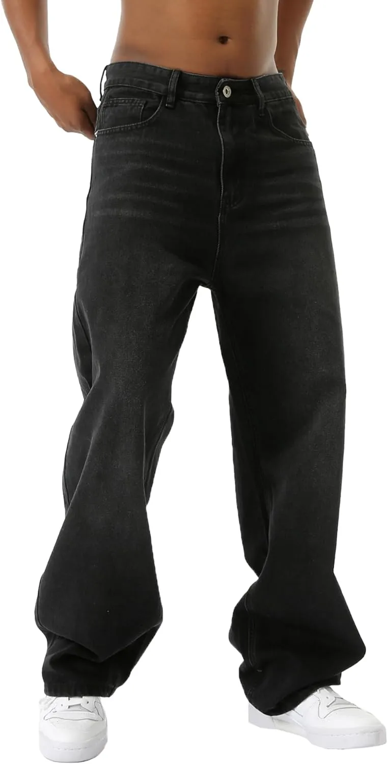 EMMIOL Mens Baggy Hip Hop Jeans Y2k Casual Wide Leg Pants Loose Fit Denim Skater Vintage Streetwear 90s