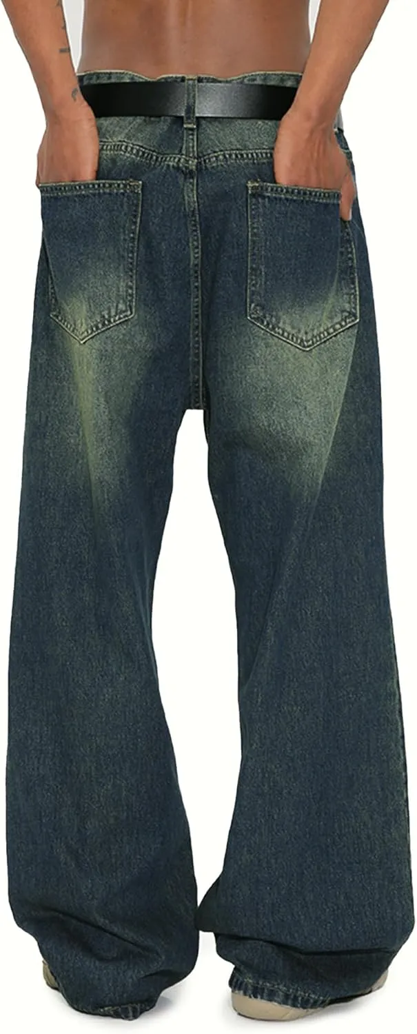 EMMIOL Mens Baggy Hip Hop Jeans Y2k Casual Wide Leg Pants Loose Fit Denim Skater Vintage Streetwear 90s