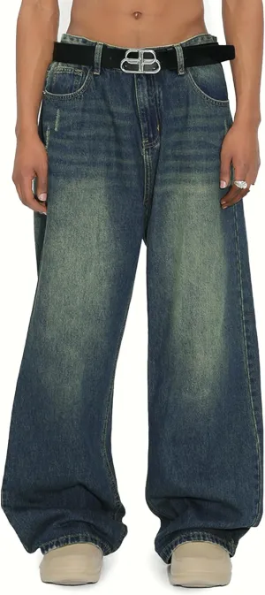 EMMIOL Mens Baggy Hip Hop Jeans Y2k Casual Wide Leg Pants Loose Fit Denim Skater Vintage Streetwear 90s
