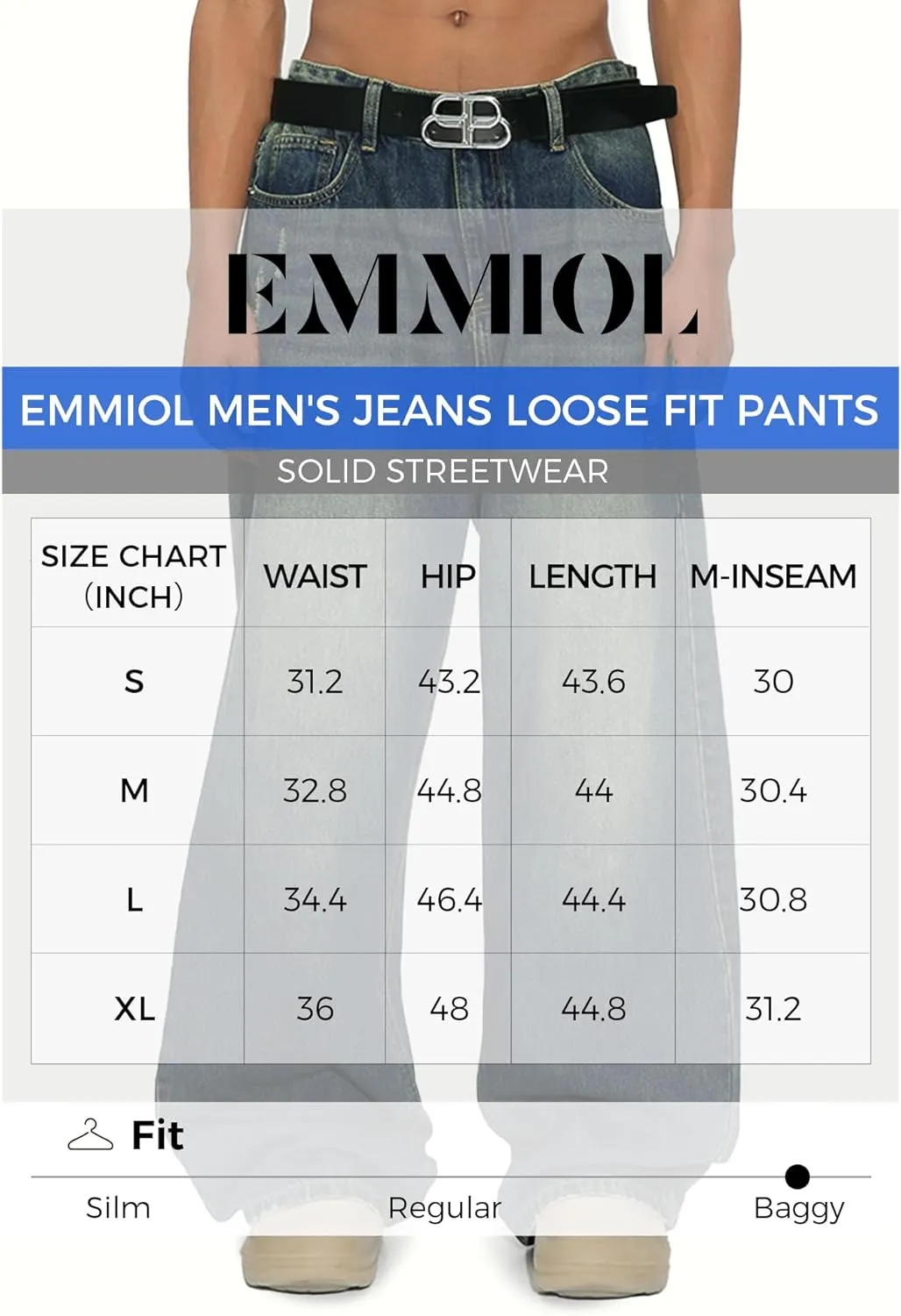 EMMIOL Mens Baggy Hip Hop Jeans Y2k Casual Wide Leg Pants Loose Fit Denim Skater Vintage Streetwear 90s