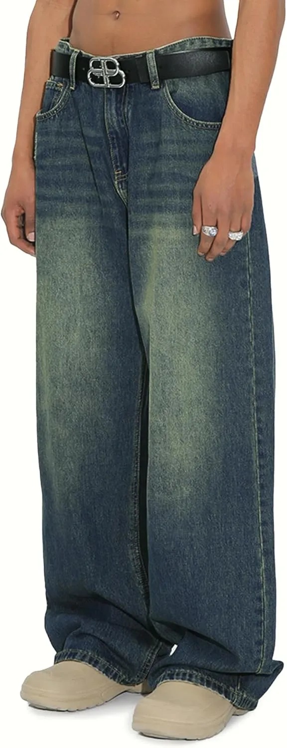 EMMIOL Mens Baggy Hip Hop Jeans Y2k Casual Wide Leg Pants Loose Fit Denim Skater Vintage Streetwear 90s