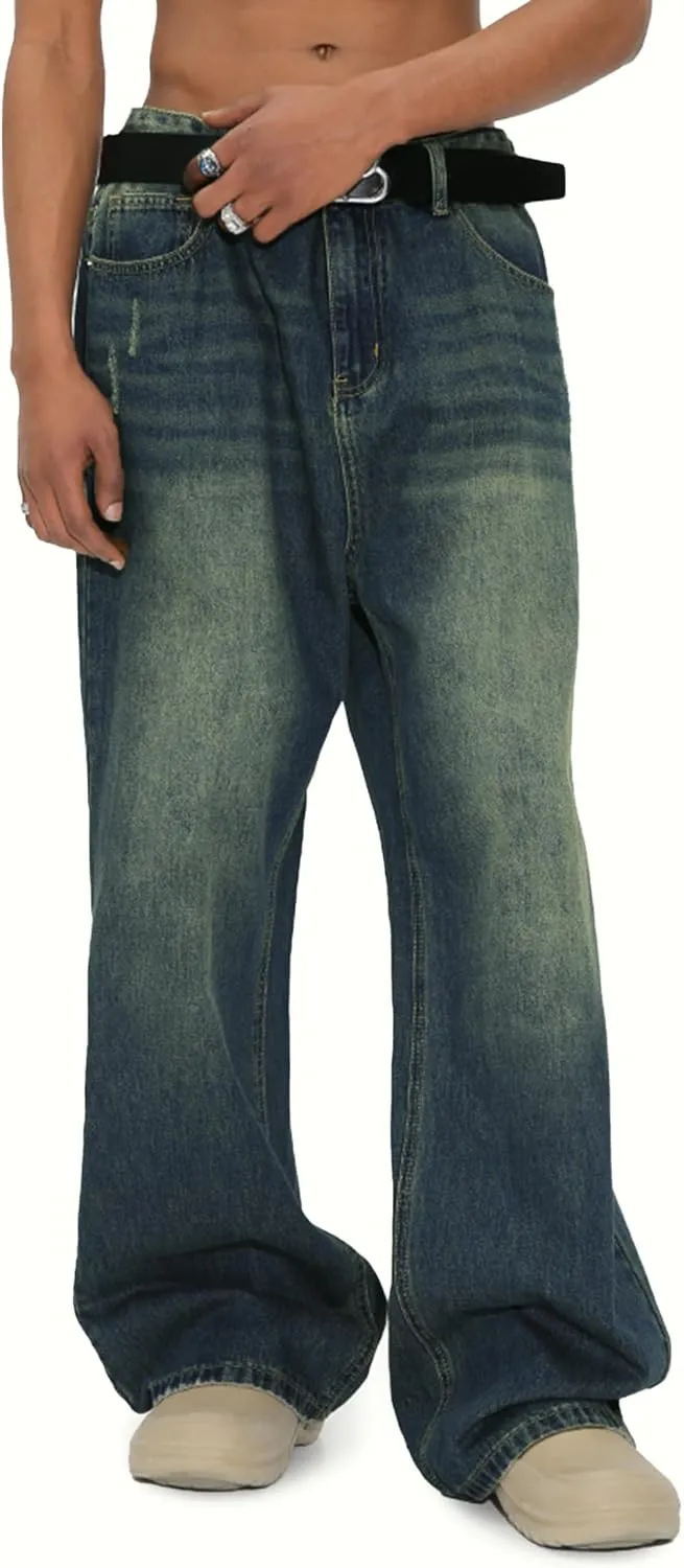 EMMIOL Mens Baggy Hip Hop Jeans Y2k Casual Wide Leg Pants Loose Fit Denim Skater Vintage Streetwear 90s