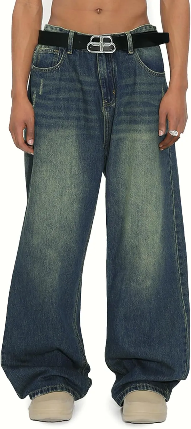 EMMIOL Mens Baggy Hip Hop Jeans Y2k Casual Wide Leg Pants Loose Fit Denim Skater Vintage Streetwear 90s