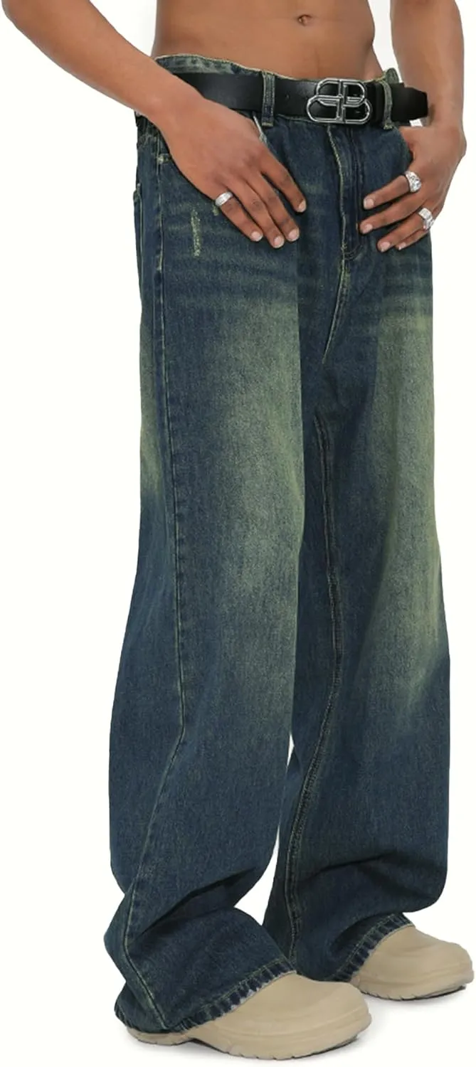 EMMIOL Mens Baggy Hip Hop Jeans Y2k Casual Wide Leg Pants Loose Fit Denim Skater Vintage Streetwear 90s