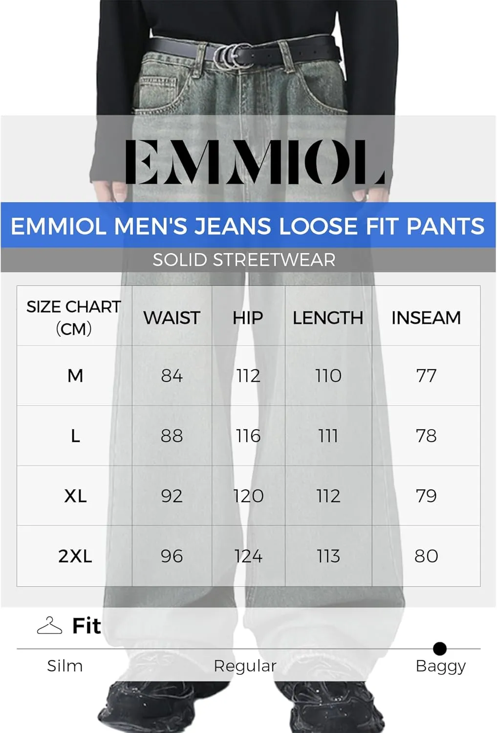 EMMIOL Men's Jeans Baggy Pants Y2K Hip Hop Jeans Casual Solid Jeans Loose Fit 90s Vintage Cargo Denim Pants