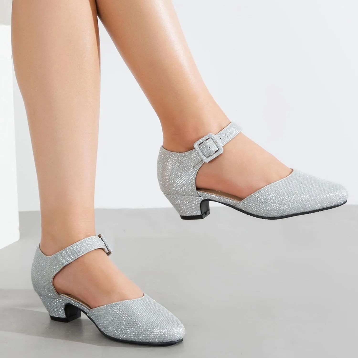 Enelauge Women's Closed Toe Low Block Heels Ankle Buckle Strap D'Orsay Pumps Comfortable Chunky Heel Dress Work Church Shoes