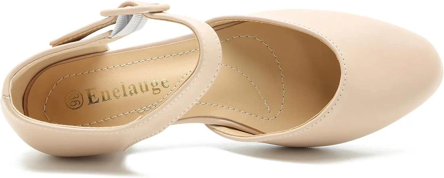 Enelauge Women's Closed Toe Low Block Heels Ankle Buckle Strap D'Orsay Pumps Comfortable Chunky Heel Dress Work Church Shoes