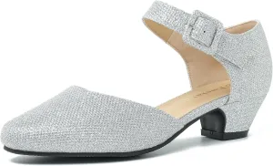 Enelauge Women's Closed Toe Low Block Heels Ankle Buckle Strap D'Orsay Pumps Comfortable Chunky Heel Dress Work Church Shoes