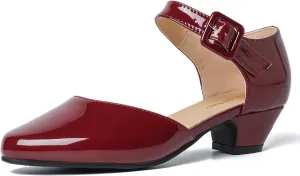 Enelauge Women's Closed Toe Low Block Heels Ankle Buckle Strap D'Orsay Pumps Comfortable Chunky Heel Dress Work Church Shoes