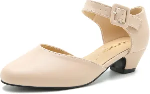 Enelauge Women's Closed Toe Low Block Heels Ankle Buckle Strap D'Orsay Pumps Comfortable Chunky Heel Dress Work Church Shoes