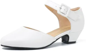 Enelauge Women's Closed Toe Low Block Heels Ankle Buckle Strap D'Orsay Pumps Comfortable Chunky Heel Dress Work Church Shoes