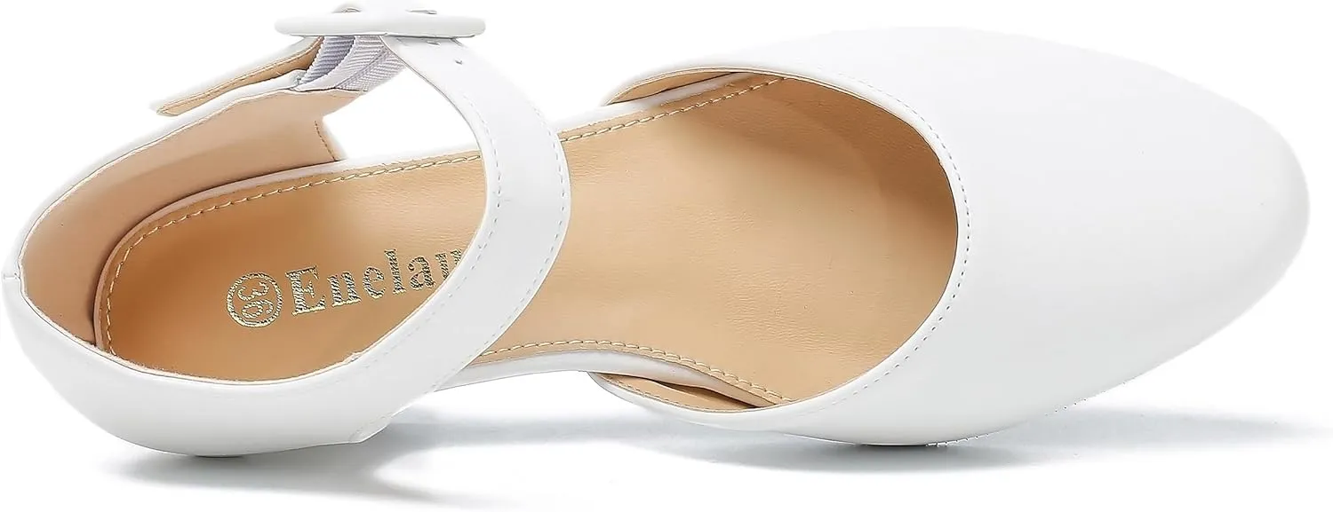 Enelauge Women's Closed Toe Low Block Heels Ankle Buckle Strap D'Orsay Pumps Comfortable Chunky Heel Dress Work Church Shoes