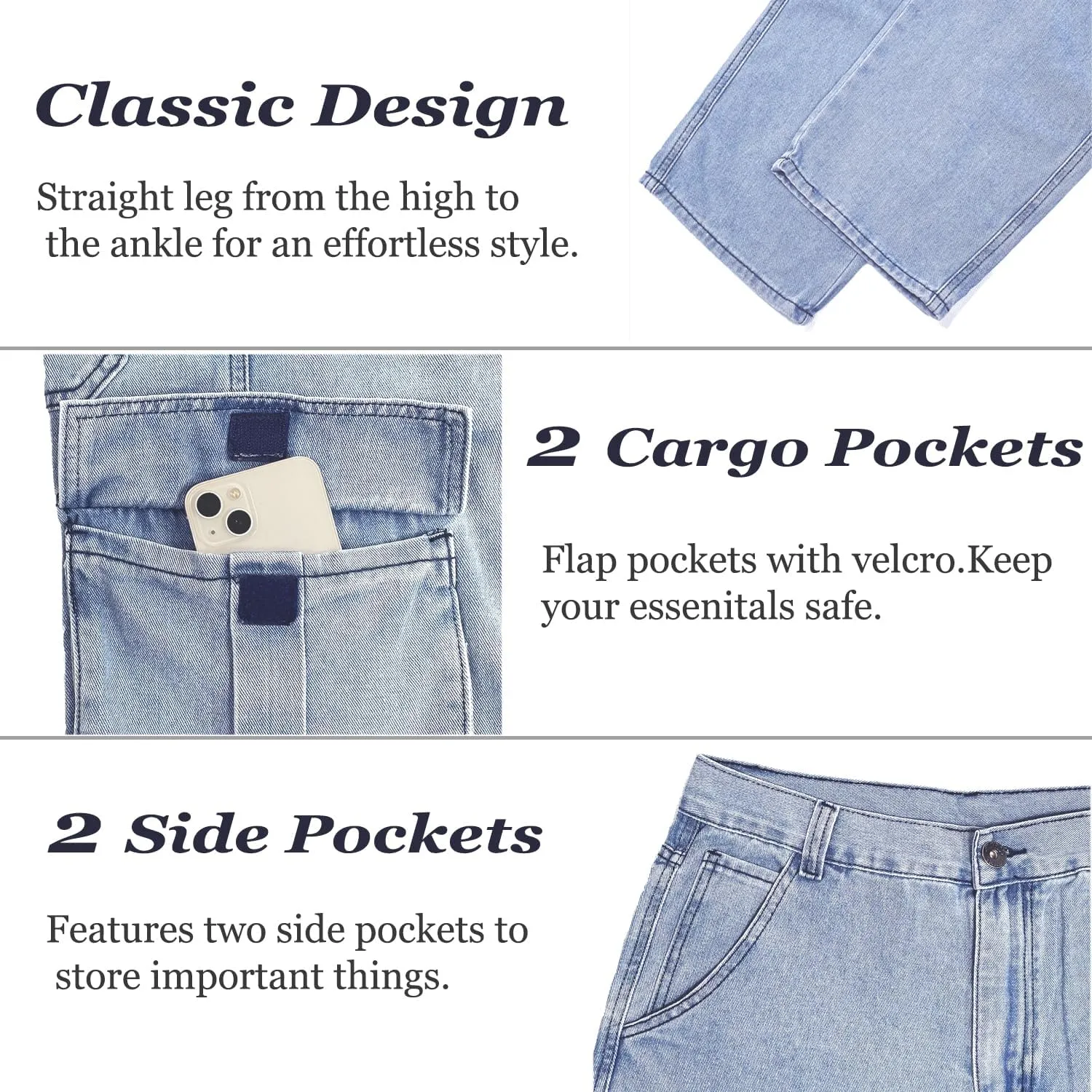 EnllerviiD Men's Baggy Cargo Jeans Straight Relaxed Fit Denim Work Pants Wide Leg Streetwear