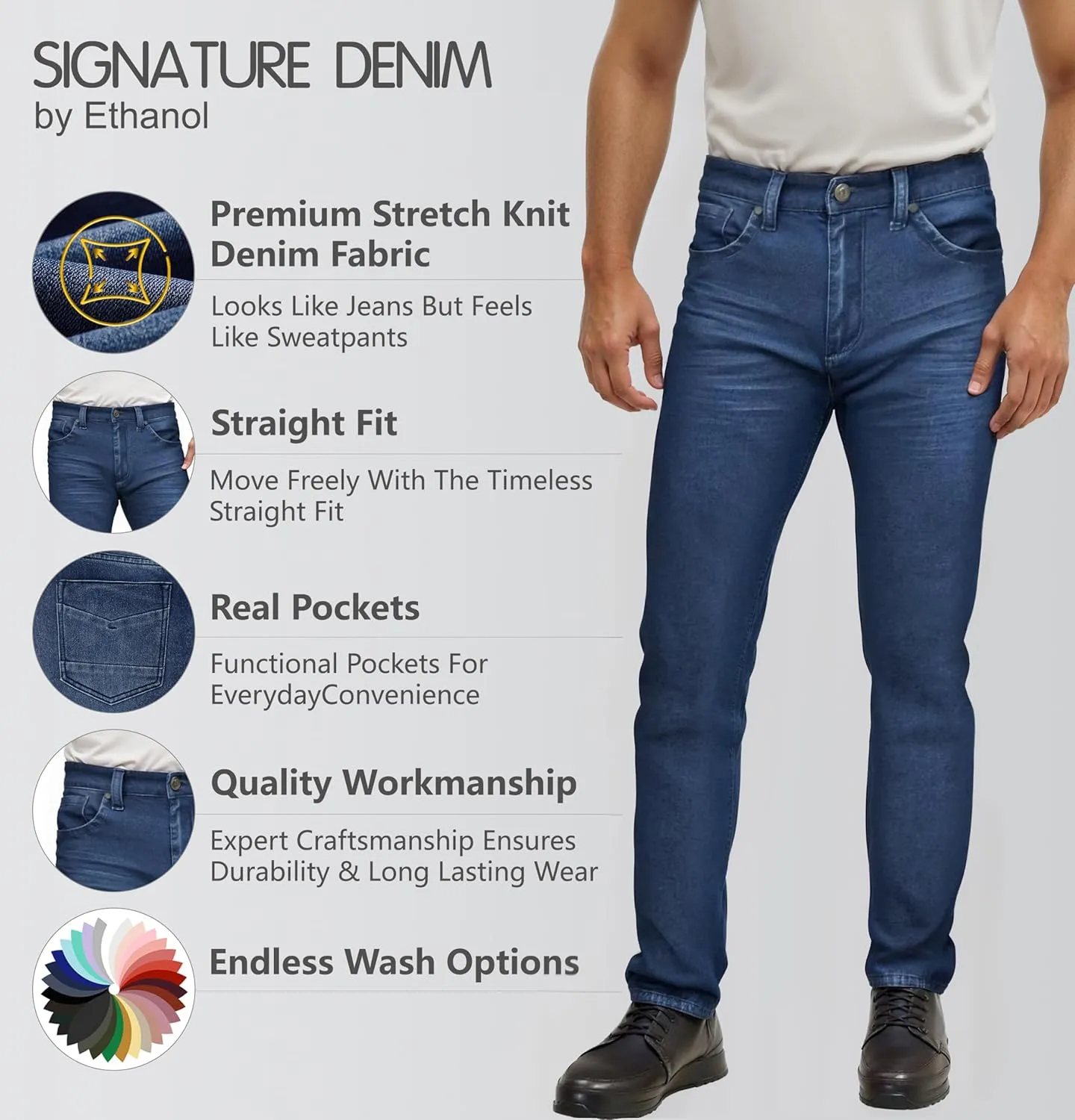 ETHANOL Mens Super Comfy Straight Stretch Knit Jersey Denim Five Pocket Jean