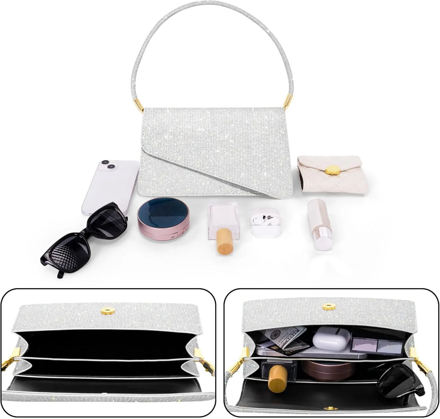 Evening Bag Formal Clutch Purses for Women Lady Girl Glitter Handbags Asymmetrical Flap Shouder Bag for Wedding Party