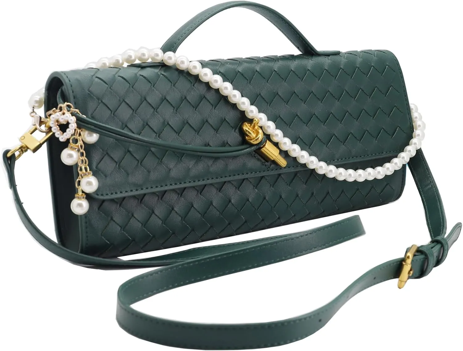 Evening Bag Woven Clutch Purses for Women Trendy Crossbody Purse with Pearl Chain for Prom Party Wedding