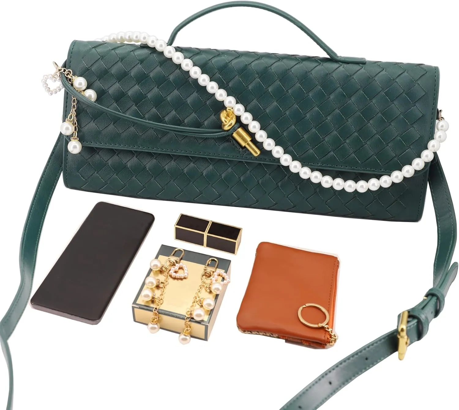 Evening Bag Woven Clutch Purses for Women Trendy Crossbody Purse with Pearl Chain for Prom Party Wedding