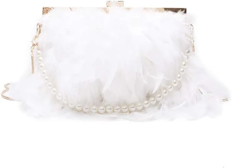 Evening Purse with Pearl Strap Chain Clutch Bags Crossbody Bag for Women Girl Ladies (White)