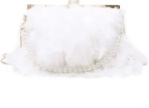 Evening Purse with Pearl Strap Chain Clutch Bags Crossbody Bag for Women Girl Ladies (White)