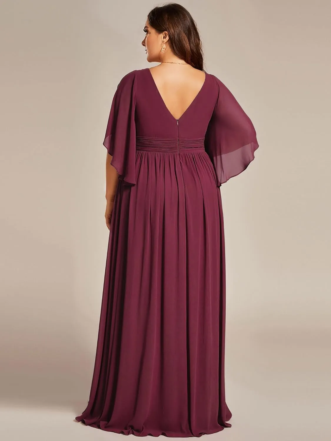 Ever-Pretty Plus Women's Plus Size V Neck Half Sleeves Slit A Line Floor Length Bridesmaid Dress 01886-DA
