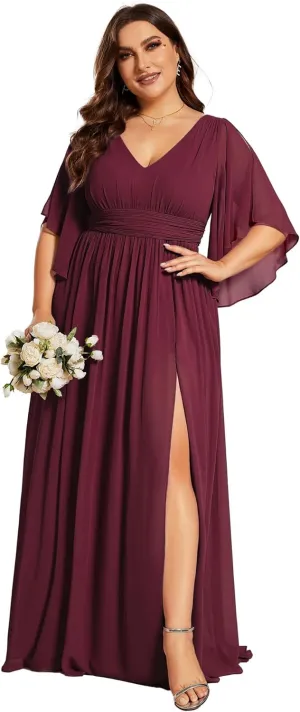 Ever-Pretty Plus Women's Plus Size V Neck Half Sleeves Slit A Line Floor Length Bridesmaid Dress 01886-DA