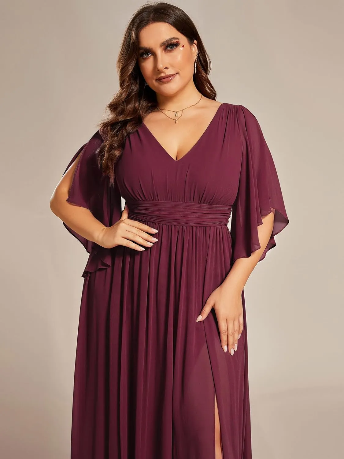Ever-Pretty Plus Women's Plus Size V Neck Half Sleeves Slit A Line Floor Length Bridesmaid Dress 01886-DA