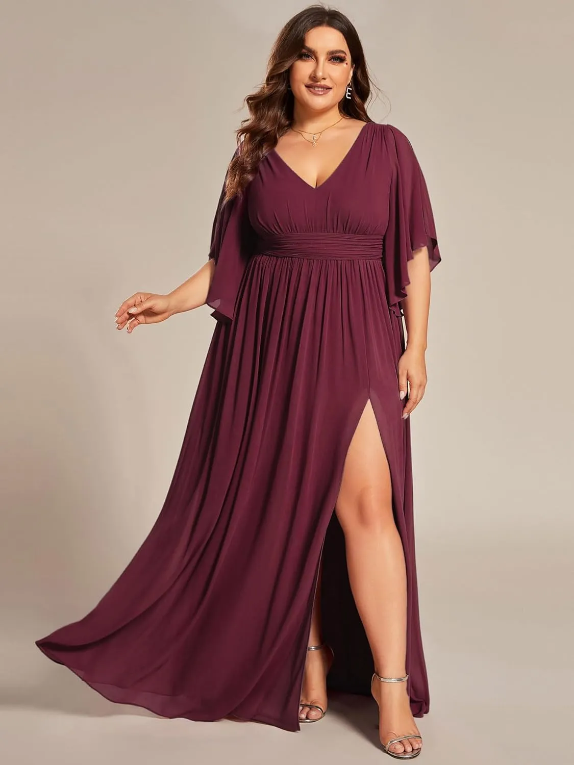 Ever-Pretty Plus Women's Plus Size V Neck Half Sleeves Slit A Line Floor Length Bridesmaid Dress 01886-DA