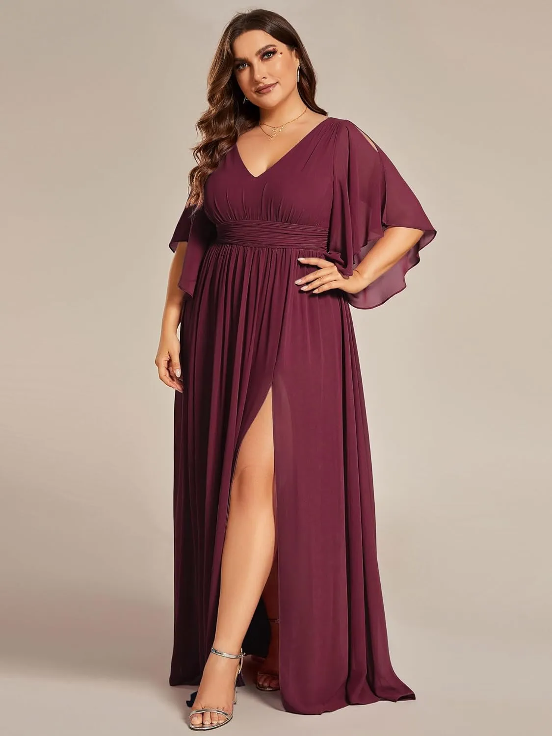 Ever-Pretty Plus Women's Plus Size V Neck Half Sleeves Slit A Line Floor Length Bridesmaid Dress 01886-DA
