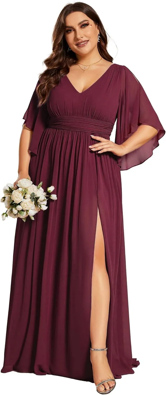 Ever-Pretty Plus Women's Plus Size V Neck Half Sleeves Slit A Line Floor Length Bridesmaid Dress 01886-DA