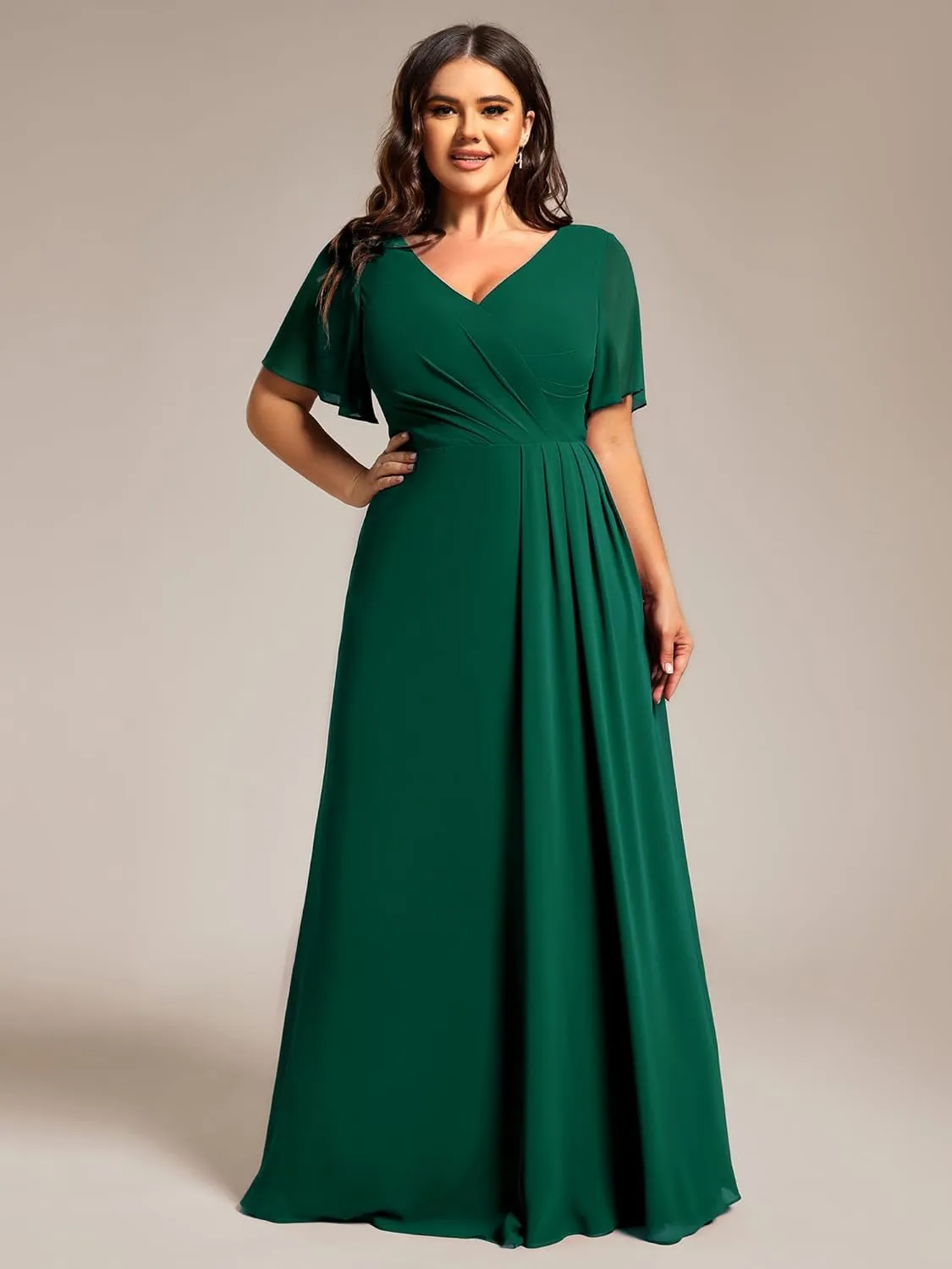 Ever-Pretty Plus Women's V Neck Chiffon Ruched Ruffles Sleeves Side Slit Floor Length Plus Size Bridesmaid Dresses S0050-DA