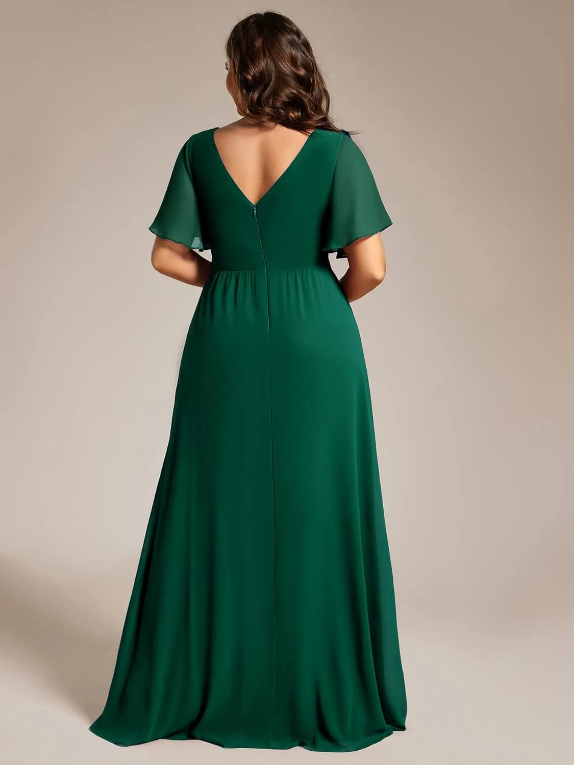 Ever-Pretty Plus Women's V Neck Chiffon Ruched Ruffles Sleeves Side Slit Floor Length Plus Size Bridesmaid Dresses S0050-DA