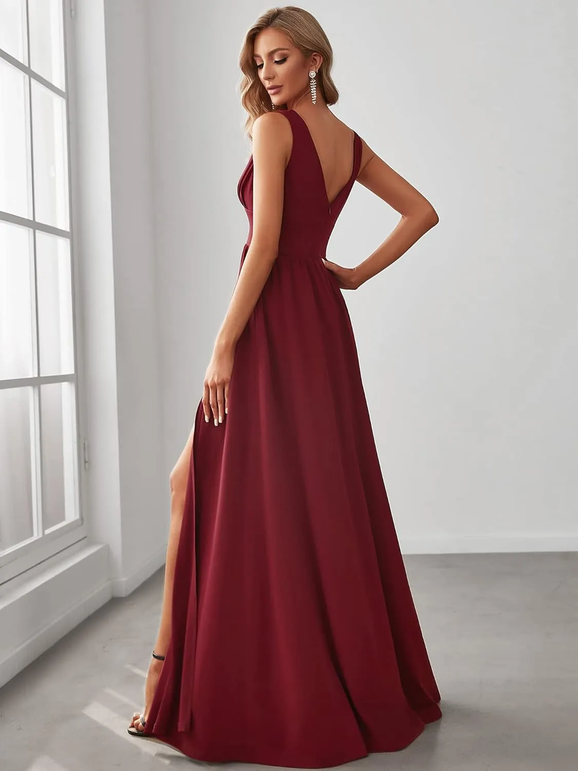 Ever-Pretty Women's Bridesmaid Dresses Deep V-Neck Sleeveless Side Slit Floor Length Wedding Guest Dress 0168B
