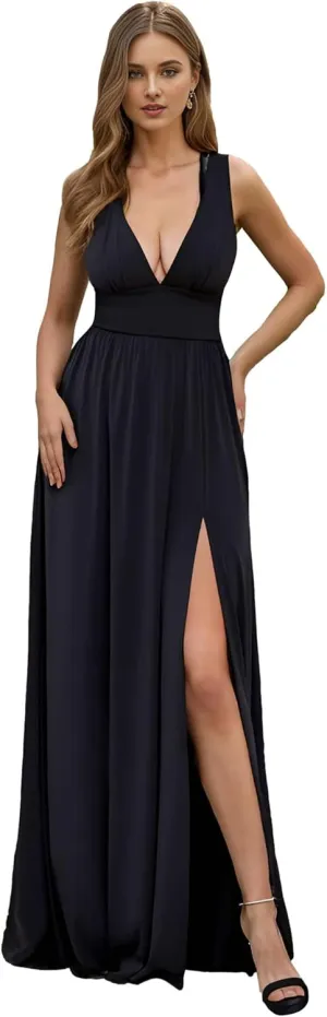 Ever-Pretty Women's Bridesmaid Dresses Deep V-Neck Sleeveless Side Slit Floor Length Wedding Guest Dress 0168B