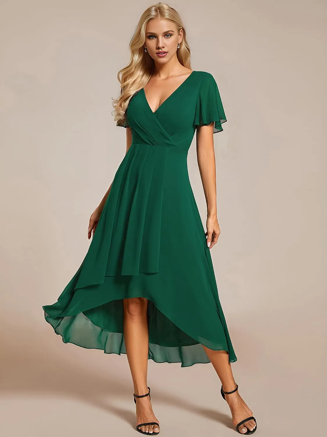 Ever-Pretty Women's Chiffon Formal Dresses V Neck Ruffle Sleeves Pleated High Low Summer Wedding Guest Dress