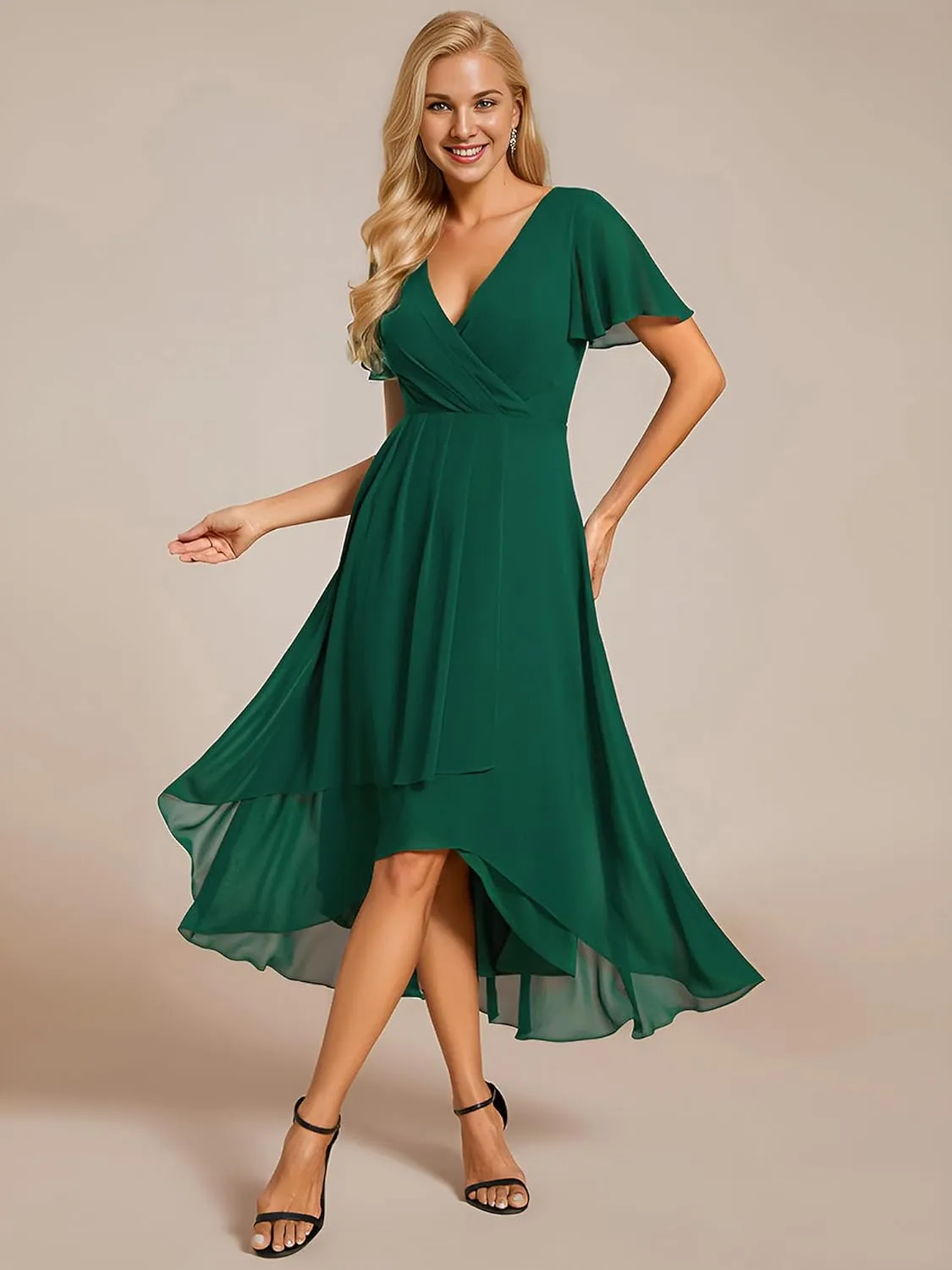 Ever-Pretty Women's Chiffon Formal Dresses V Neck Ruffle Sleeves Pleated High Low Summer Wedding Guest Dress
