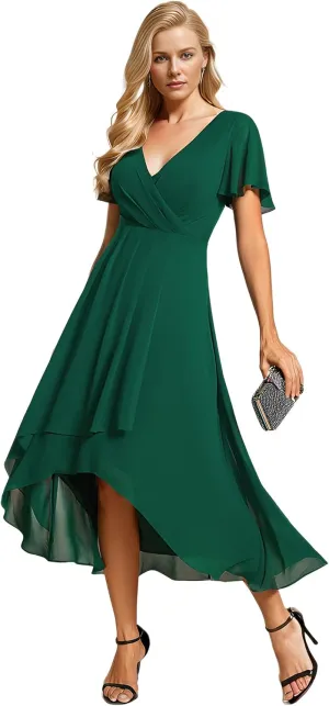 Ever-Pretty Women's Chiffon Formal Dresses V Neck Ruffle Sleeves Pleated High Low Summer Wedding Guest Dress