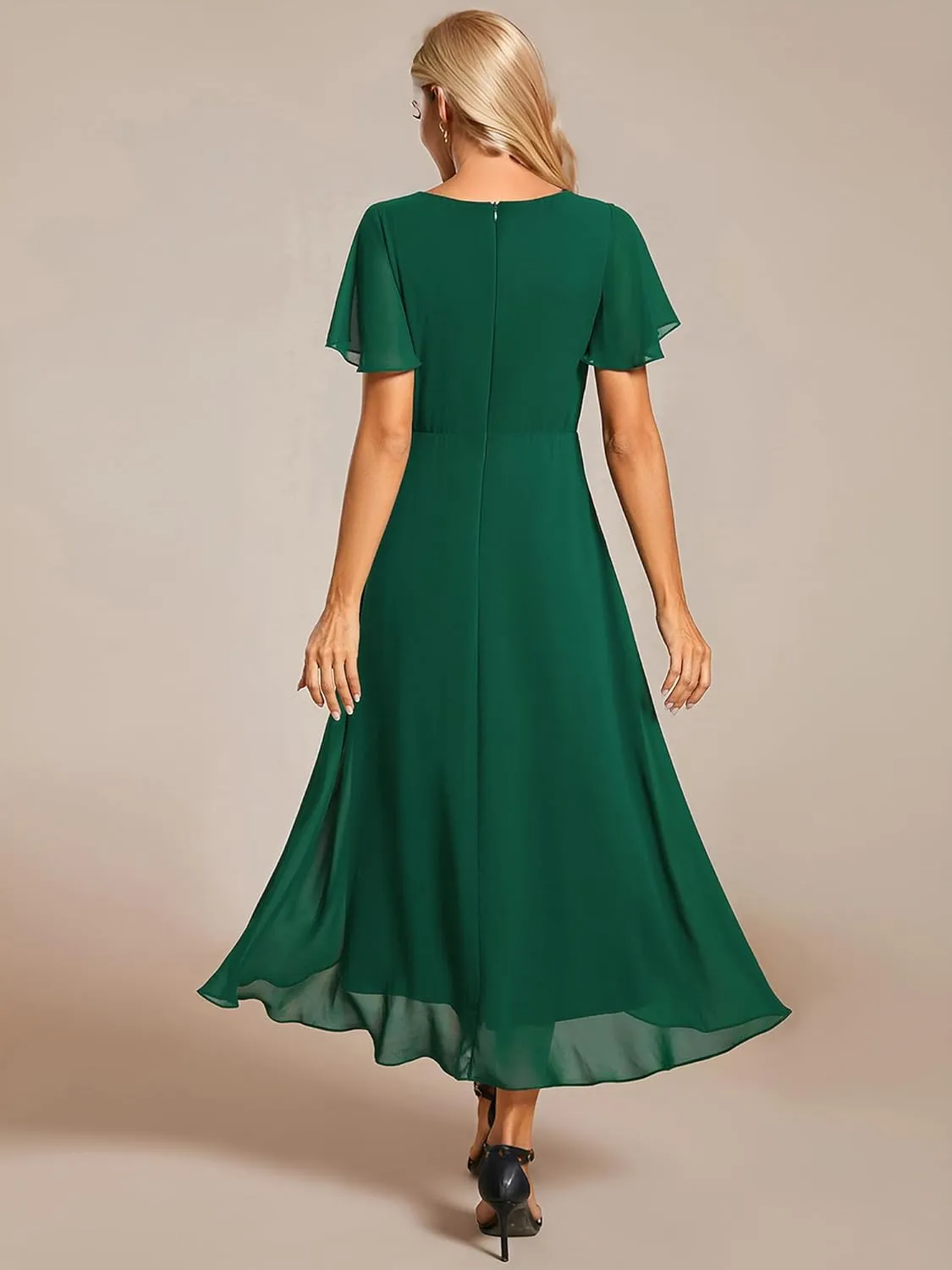 Ever-Pretty Women's Chiffon Formal Dresses V Neck Ruffle Sleeves Pleated High Low Summer Wedding Guest Dress