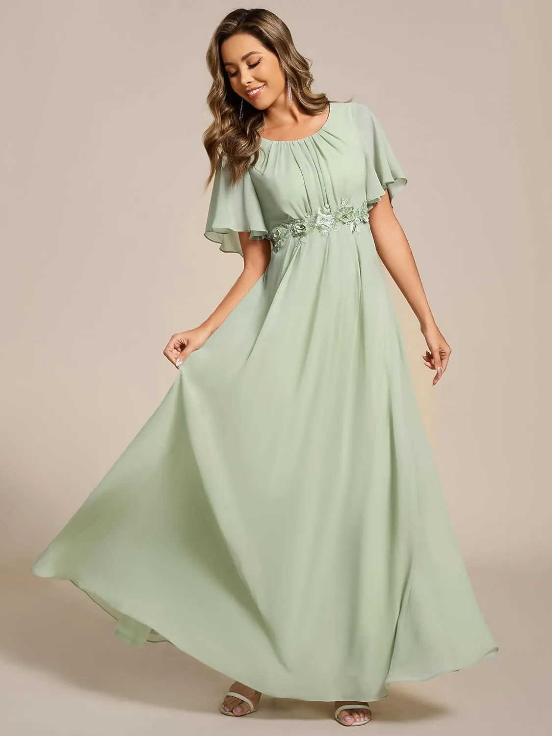 Ever-Pretty Women's Classic Round Neck Pleated Short Sleeves Chiffon Appliques Floor Length A Line Evening Dresses 02960