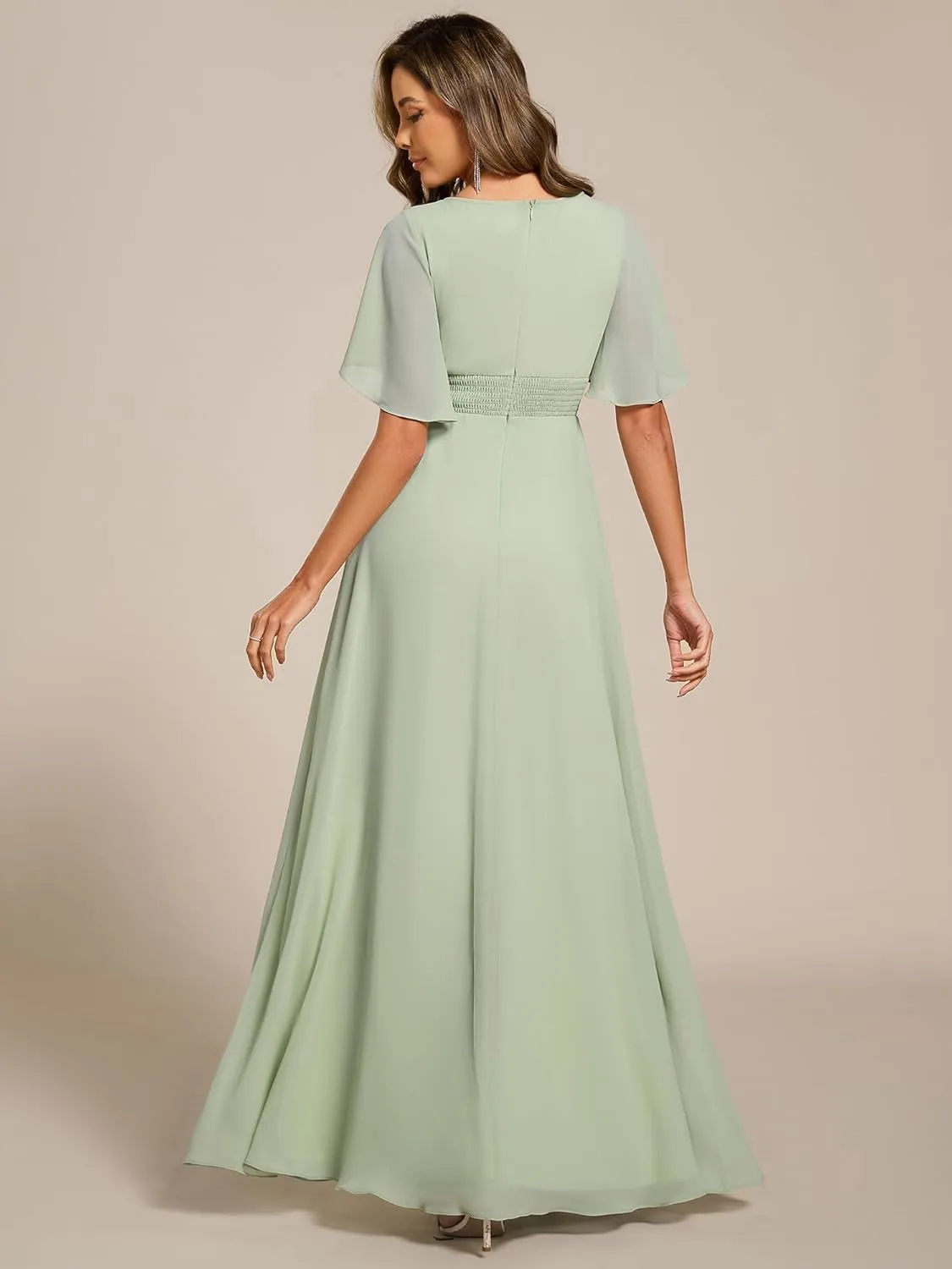 Ever-Pretty Women's Classic Round Neck Pleated Short Sleeves Chiffon Appliques Floor Length A Line Evening Dresses 02960