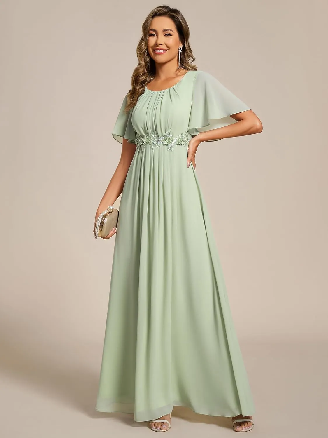Ever-Pretty Women's Classic Round Neck Pleated Short Sleeves Chiffon Appliques Floor Length A Line Evening Dresses 02960