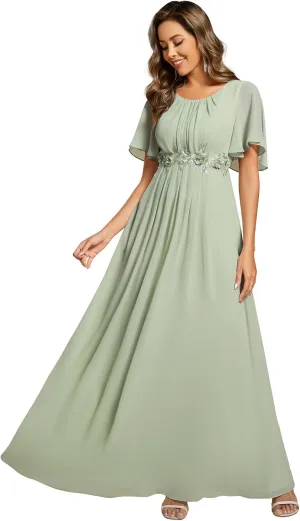 Ever-Pretty Women's Classic Round Neck Pleated Short Sleeves Chiffon Appliques Floor Length A Line Evening Dresses 02960