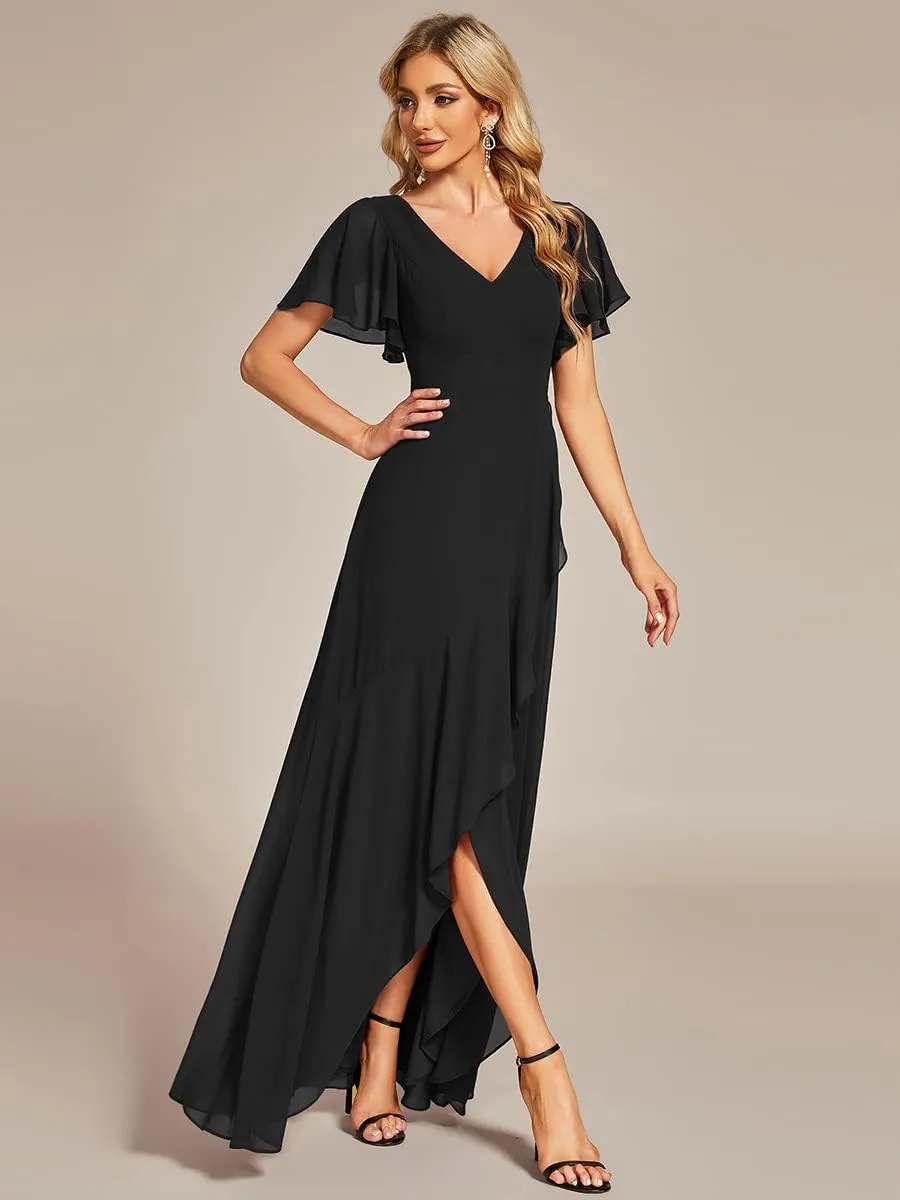 Ever-Pretty Women's Double V Neck A Line Ruffle Hem Backless High Low Chiffon Bridesmaid Dresses 01749