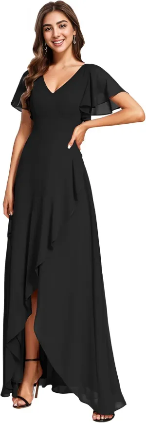 Ever-Pretty Women's Double V Neck A Line Ruffle Hem Backless High Low Chiffon Bridesmaid Dresses 01749